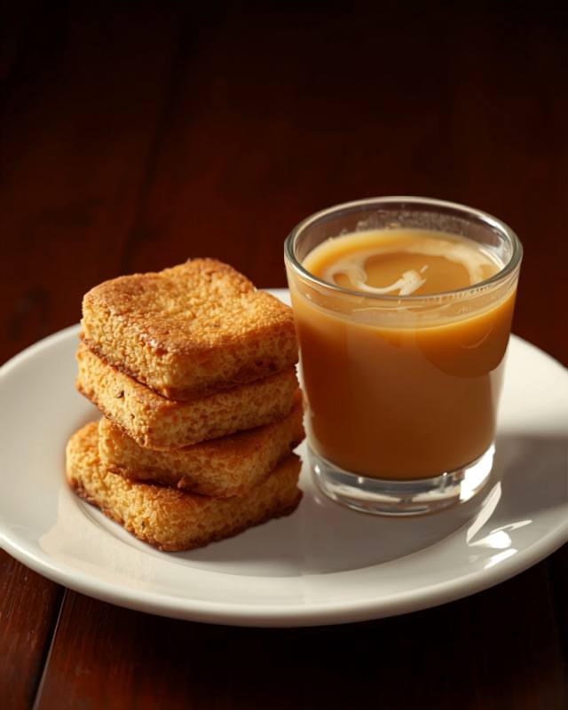Cake rusk beside a glass of chai