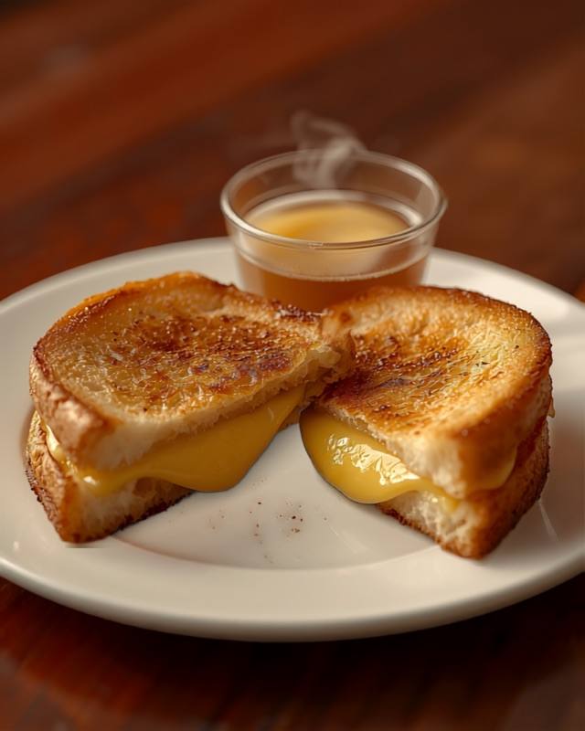 Cheese toast cut in halves with a small glass of honey