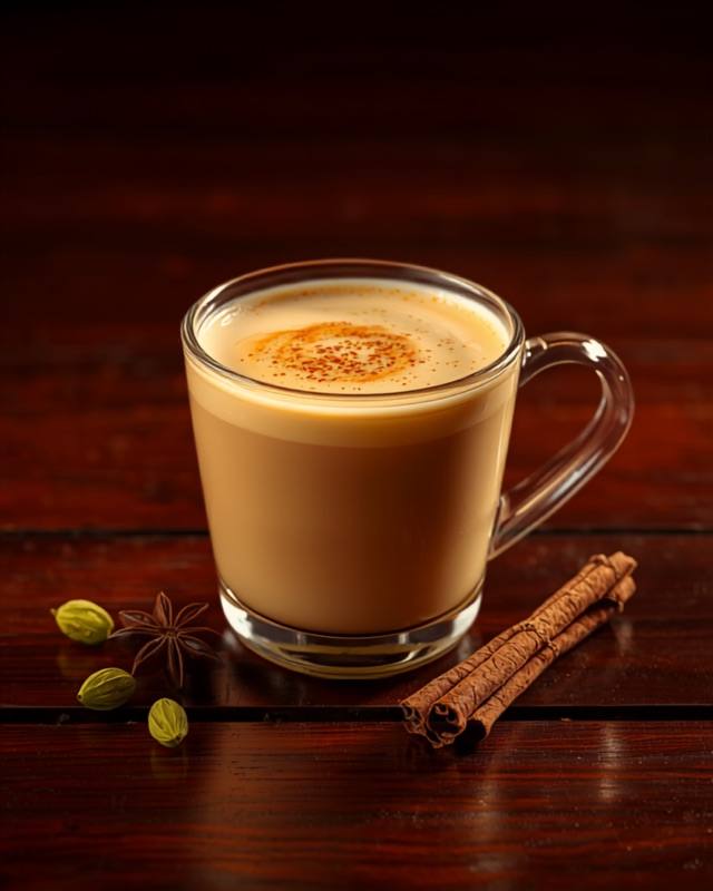 A glass mug of Cha Cha Chai karak chai with cardamom pods and cinnamon sticks