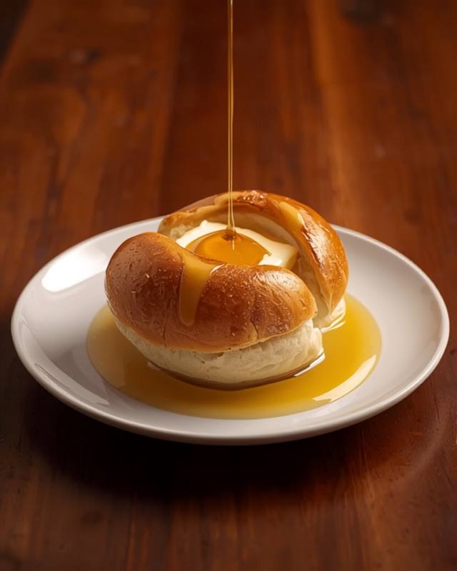 A maska bun with honey poured over it