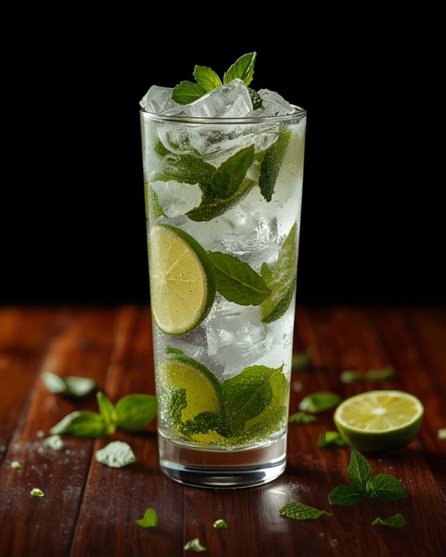 Classic mint mojito in a tall glass with lime