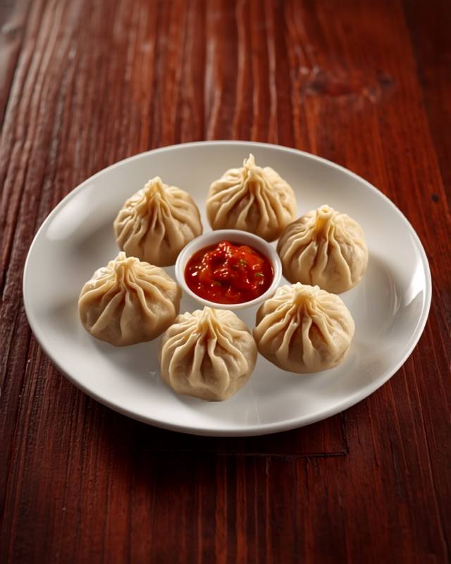 Steamed momos with red chutney on a white plate